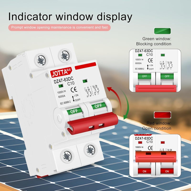 JOTTAELE Solar Panels Disconnect Switch,Miniature DC Circuit Breaker 2 Pole 1000V 10 Amp Isolator for Solar PV System, Thermal Magnetic Trip, DIN Rail Mount (DC 2P 10A 2PCS) - Image 4